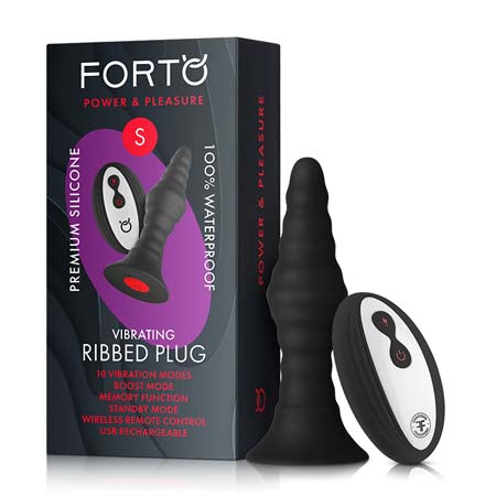 Forto Vibrating Ribbed Plug Rechargeable Remote-Controlled Silicone Anal Plug Small Black-0