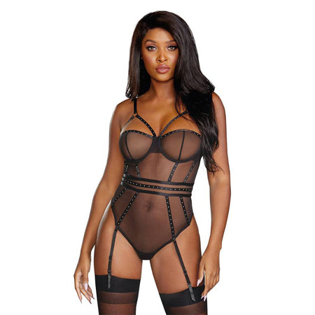 Dreamgirl Sheer Stretch Mesh Snap Crotch Teddy With Removable Garters Black Small Hanging-0