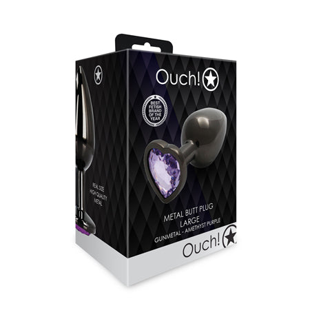 Ouch! Heart Gem Butt Plug Large Gunmetal/Amethyst-0